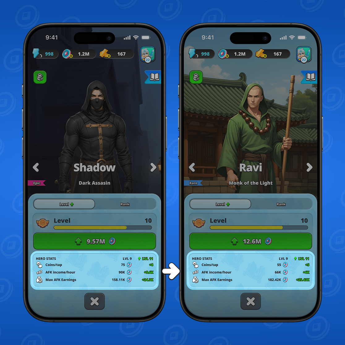 
Creșterile de rang și de nivel îl fac pe erou mai puternic.

